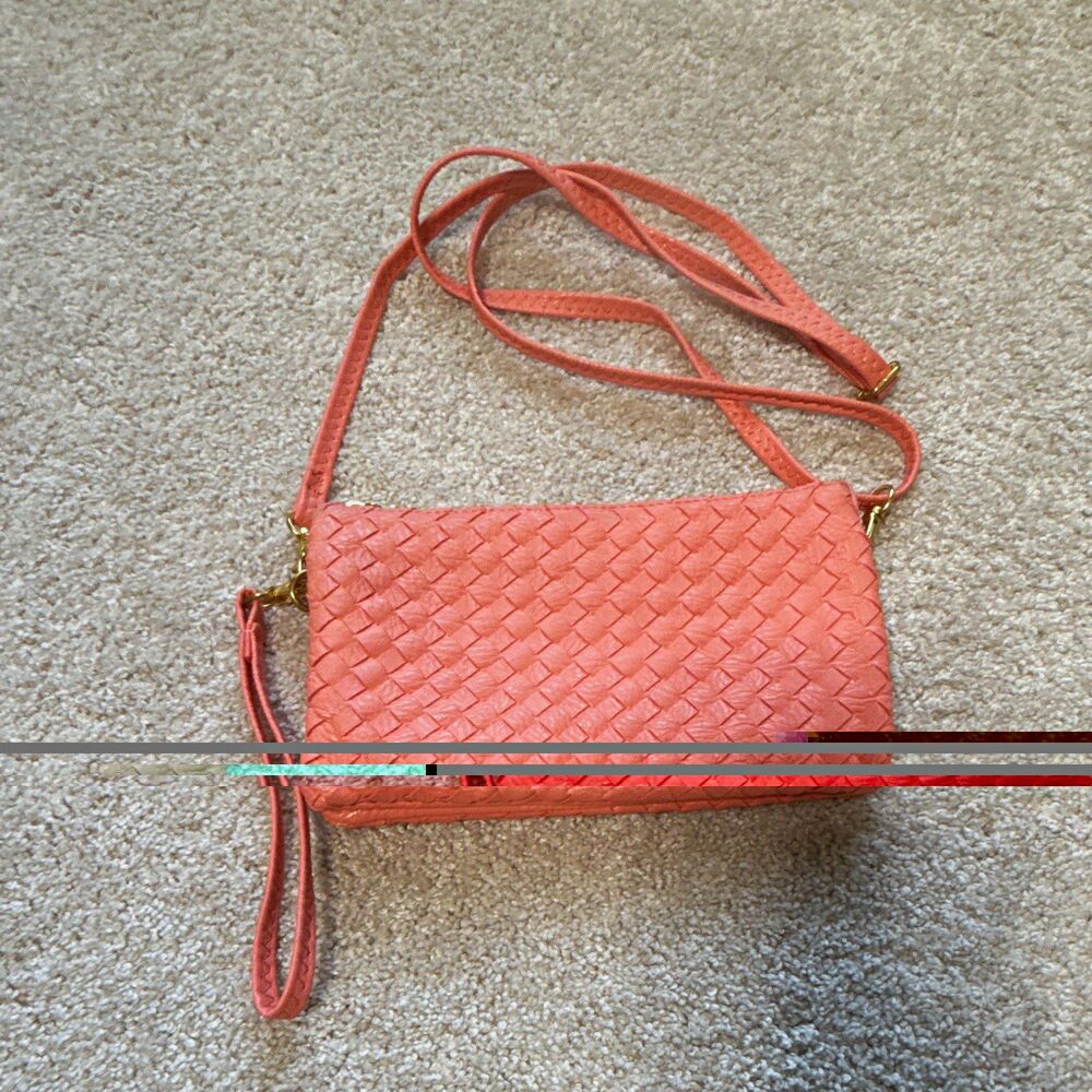 Pink coral Woven Crossbody Wristlet Bag Zip Top Detachable Strap Gold Hardware